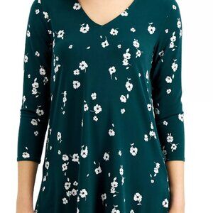 Alfani Green Floral 3/4 Sleeve V-Neck Tunic Brand New with Tags Size LARGE